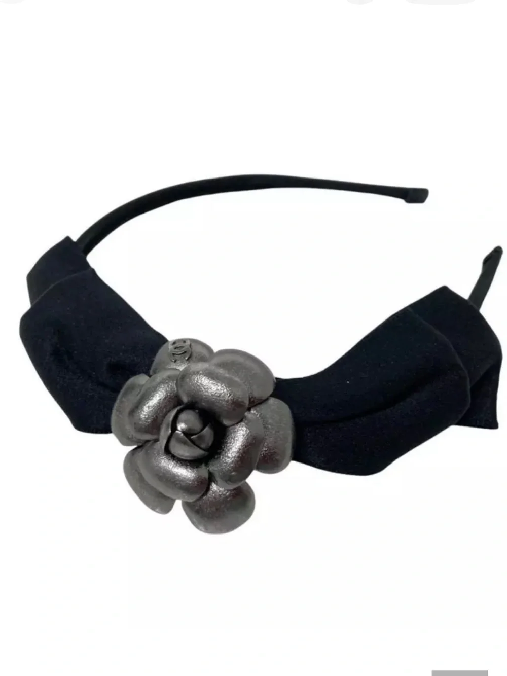 Authentic Chanel Pewter Color Camellia CC Logo Flower Piece to Headband